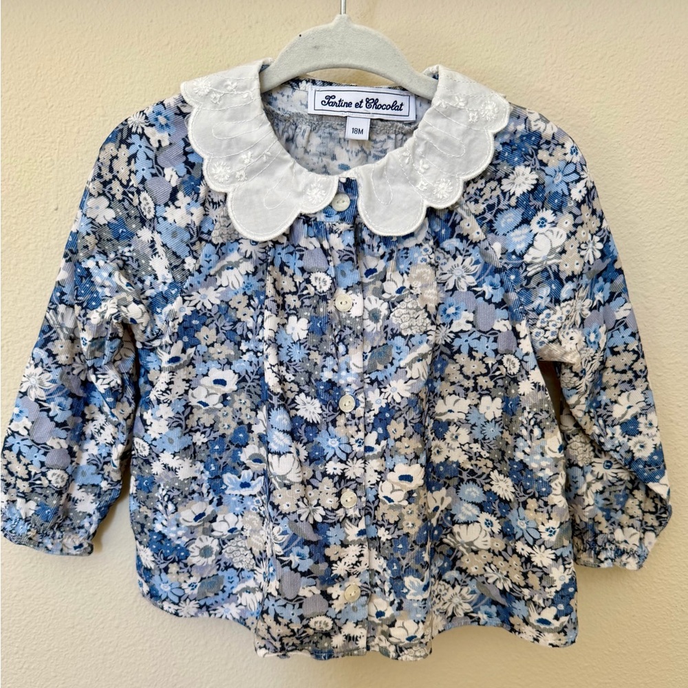 Tartine et Chocolat Floral Blue Shirt with Lace Collar